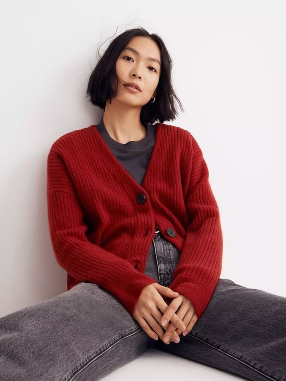 Madewell Cameron Ribbed Cardigan Sweater Red Sz XL Wool Alpaca Knit Fall Capsule